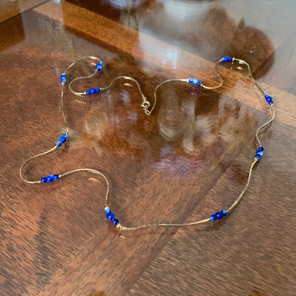 Vintage 80s Tracy Hamilton Necklace Blue bead gold tone Korea